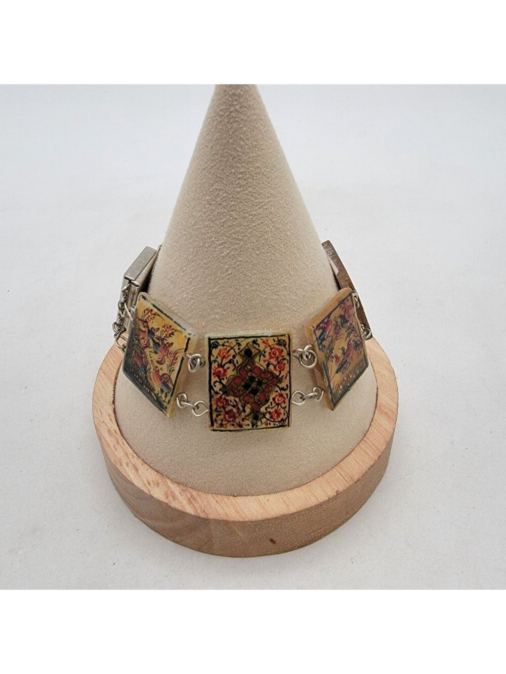 Vintage Hand-Painted Persian Storytelling Bracelet on Shell Panels Intricate